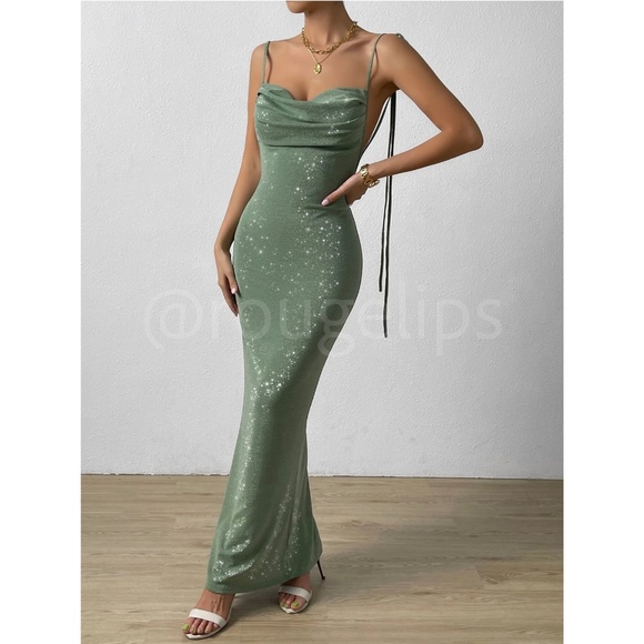 Glitter Lurex Mint Green Cowl Neck Backless Tie Straps Maxi Long Dress - Picture 4 of 14